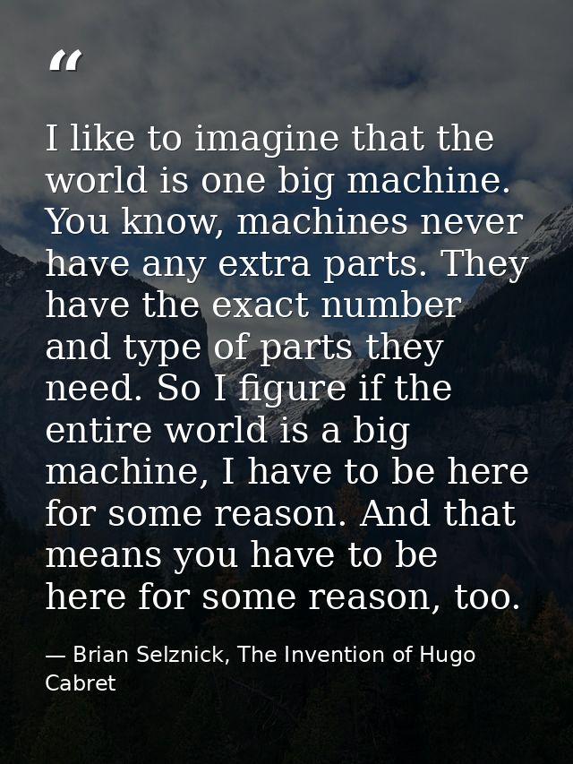 I like to imagine that the world is one big machine. You know, machines never have any extra parts. They have the exact  — Brian Selznick, The Invention of Hugo Cabret