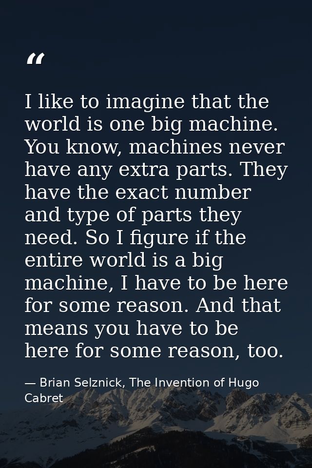 I like to imagine that the world is one big machine. You know, machines never have any extra parts. They have the exact  — Brian Selznick, The Invention of Hugo Cabret