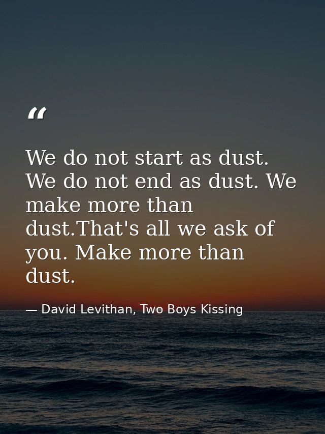 We do not start as dust. We do not end as dust. We make more than dust.That's all we ask of you. Make more than dust. — David Levithan, Two Boys Kissing