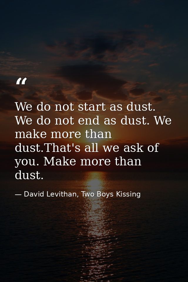 We do not start as dust. We do not end as dust. We make more than dust.That's all we ask of you. Make more than dust. — David Levithan, Two Boys Kissing