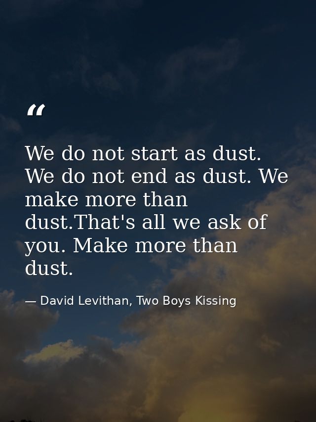 We do not start as dust. We do not end as dust. We make more than dust.That's all we ask of you. Make more than dust. — David Levithan, Two Boys Kissing
