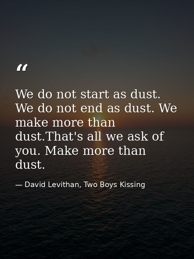 We do not start as dust. We do not end as dust. We make more than dust.That's all we ask of you. Make more than dust. — David Levithan, Two Boys Kissing