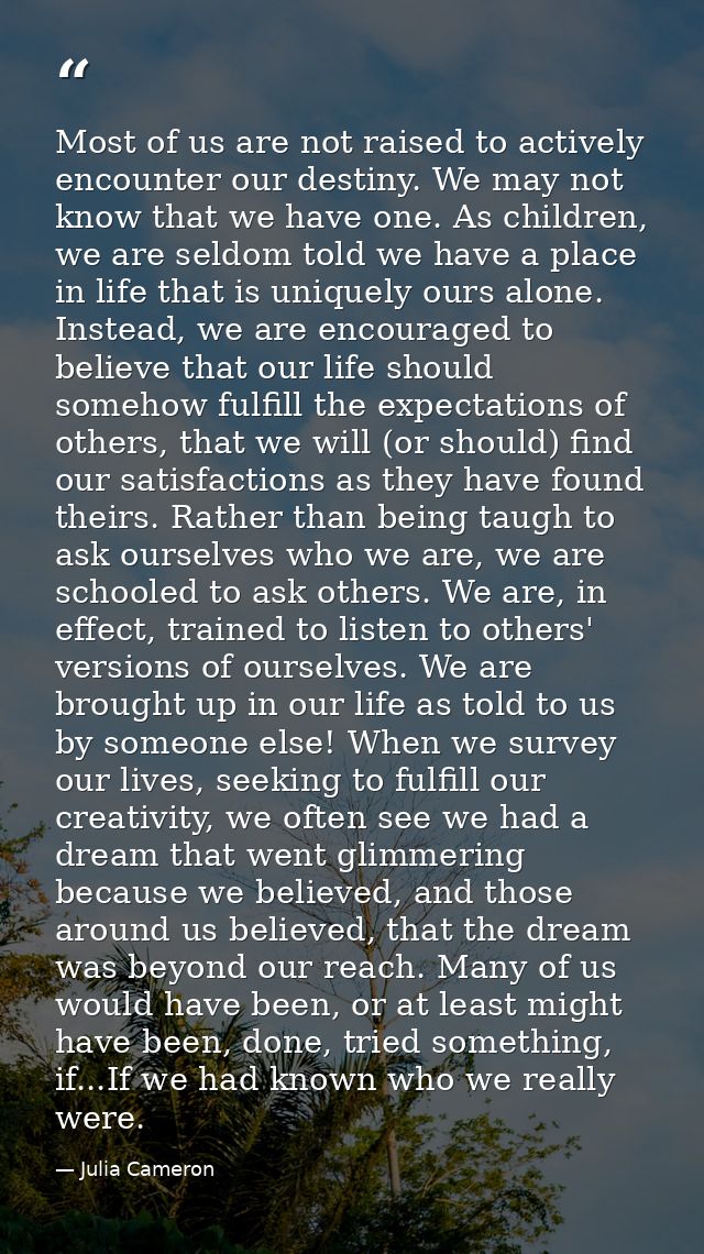 Most of us are not raised to actively encounter our destiny. We may not know that we have one. As children, we are seldo — Julia Cameron