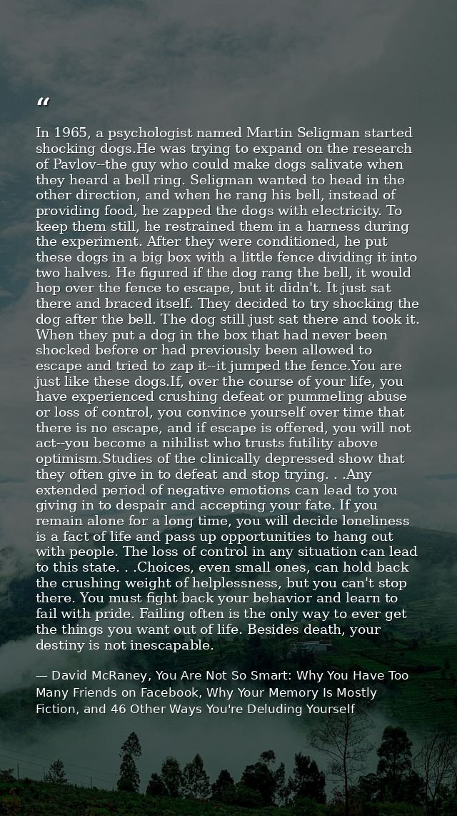 In 1965, a psychologist named Martin Seligman started shocking dogs.He was trying to expand on the research of Pavlov--t — David McRaney, You Are Not So Smart: Why You Have Too Many Friends on Facebook, Why Your Memory Is Mostly Fiction, and 46 Other Ways You're Deluding Yourself