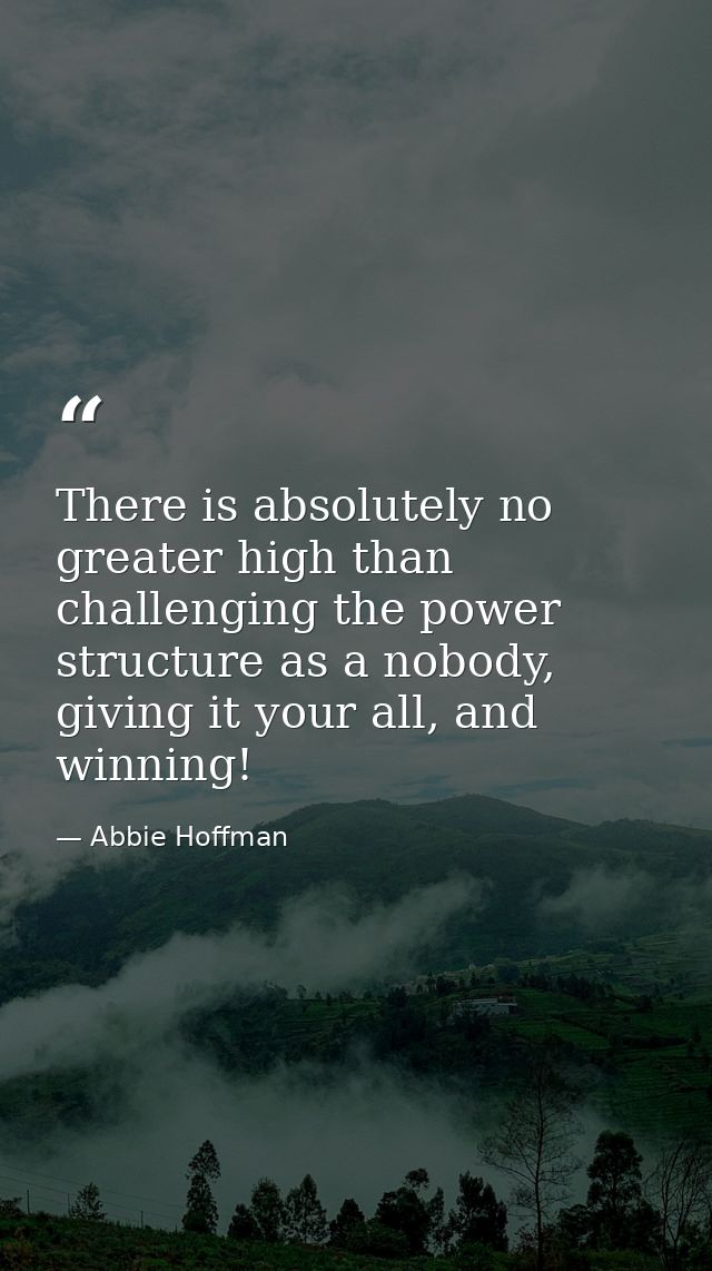 There is absolutely no greater high than challenging the power structure as a nobody, giving it your all, and winning! — Abbie Hoffman