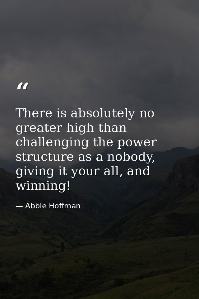There is absolutely no greater high than challenging the power structure as a nobody, giving it your all, and winning! — Abbie Hoffman