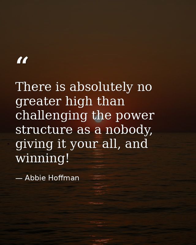 There is absolutely no greater high than challenging the power structure as a nobody, giving it your all, and winning! — Abbie Hoffman