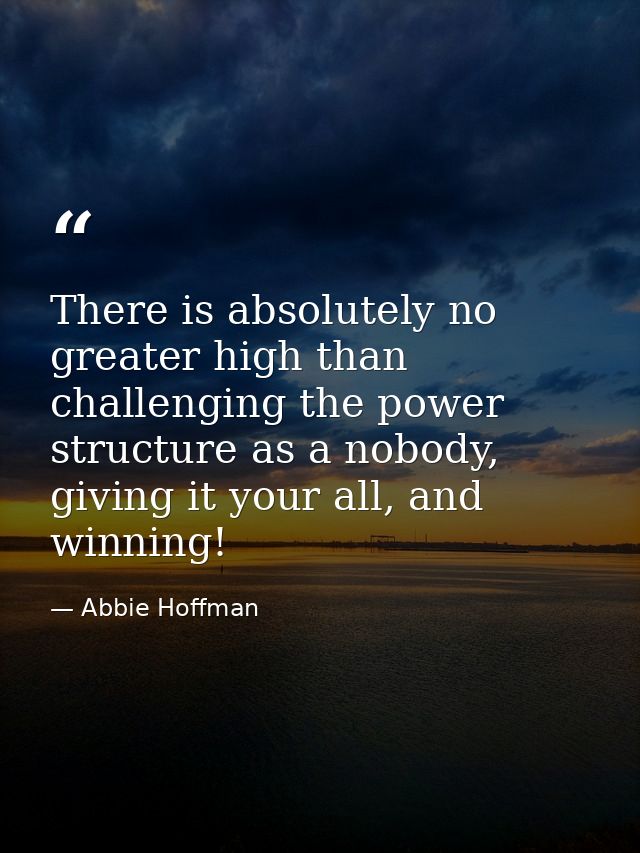 There is absolutely no greater high than challenging the power structure as a nobody, giving it your all, and winning! — Abbie Hoffman
