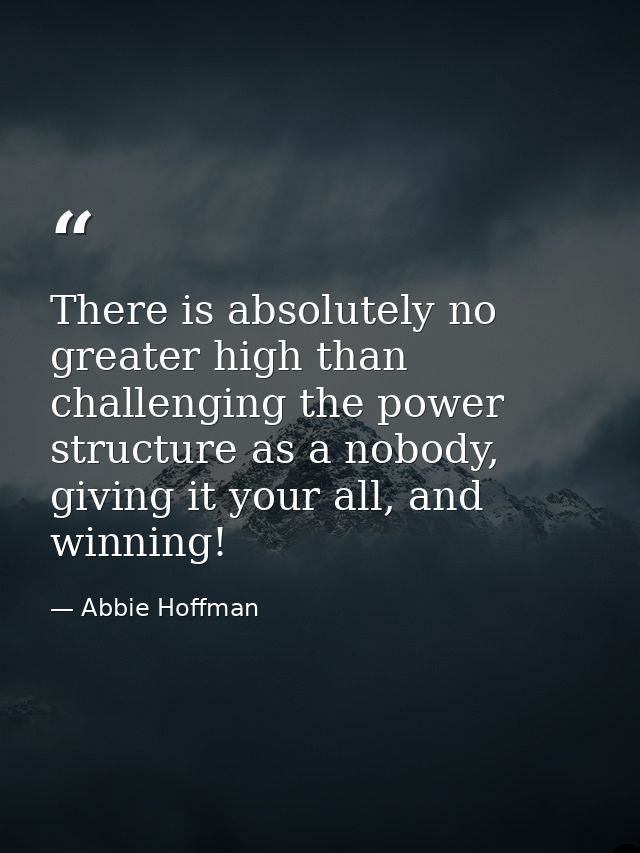 There is absolutely no greater high than challenging the power structure as a nobody, giving it your all, and winning! — Abbie Hoffman
