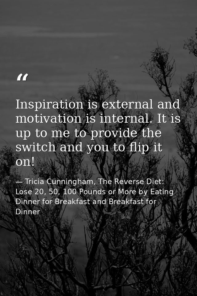 Inspiration is external and motivation is internal. It is up to me to provide the switch and you to flip it on! — Tricia Cunningham, The Reverse Diet: Lose 20, 50, 100 Pounds or More by Eating Dinner for Breakfast and Breakfast for Dinner