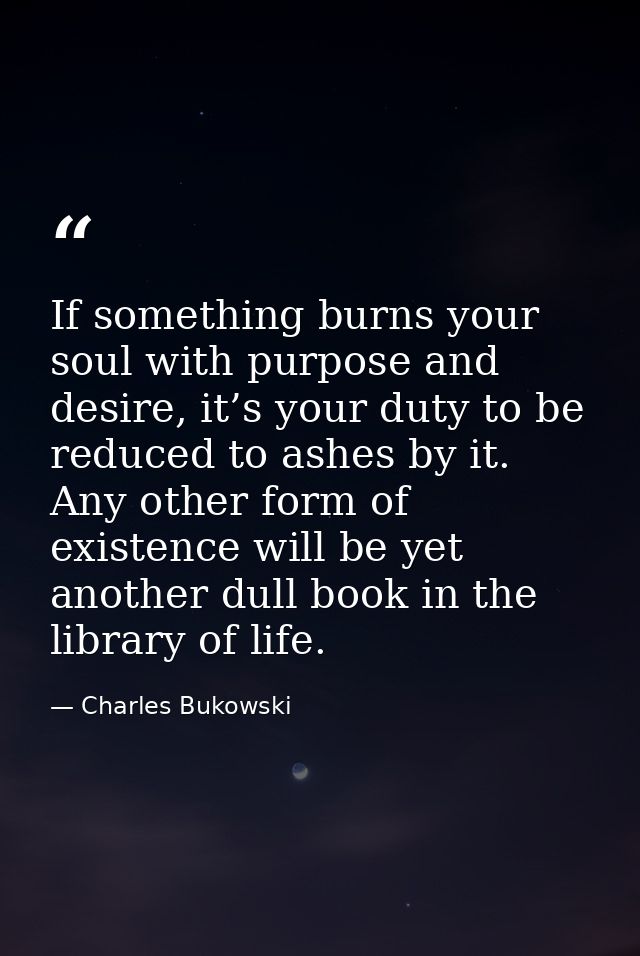 If something burns your soul with purpose and desire, it’s your duty to be reduced to ashes by it. Any other form of exi — Charles Bukowski