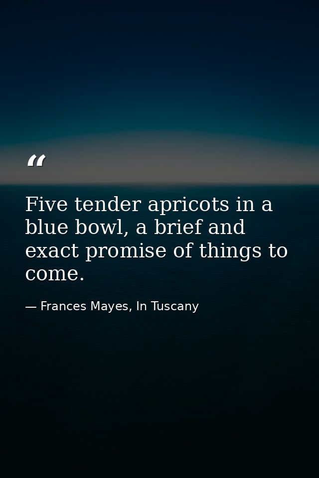 Five tender apricots in a blue bowl, a brief and exact promise of things to come. — Frances Mayes, In Tuscany