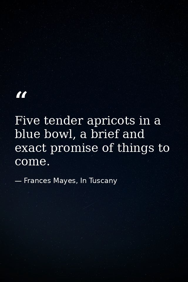 Five tender apricots in a blue bowl, a brief and exact promise of things to come. — Frances Mayes, In Tuscany