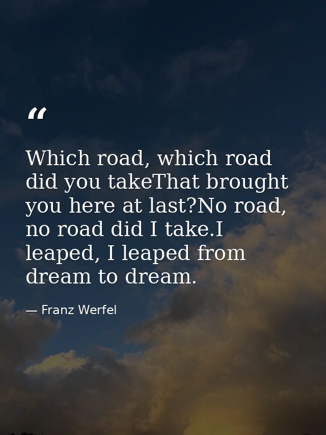 Which road, which road did you takeThat brought you here at last?No road, no road did I take.I leaped, I leaped from dre — Franz Werfel