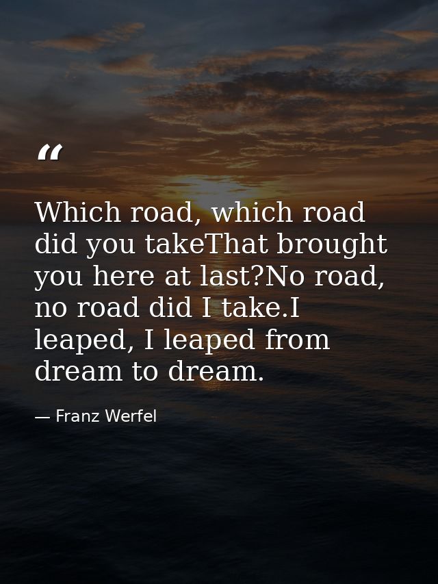 Which road, which road did you takeThat brought you here at last?No road, no road did I take.I leaped, I leaped from dre — Franz Werfel