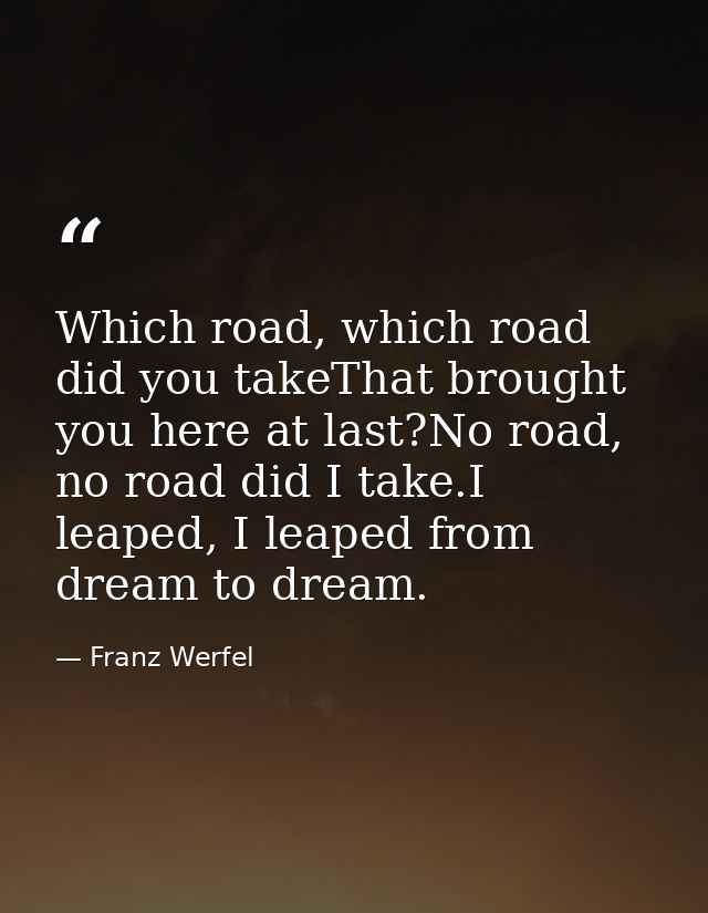 Which road, which road did you takeThat brought you here at last?No road, no road did I take.I leaped, I leaped from dre — Franz Werfel