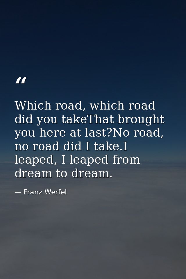 Which road, which road did you takeThat brought you here at last?No road, no road did I take.I leaped, I leaped from dre — Franz Werfel