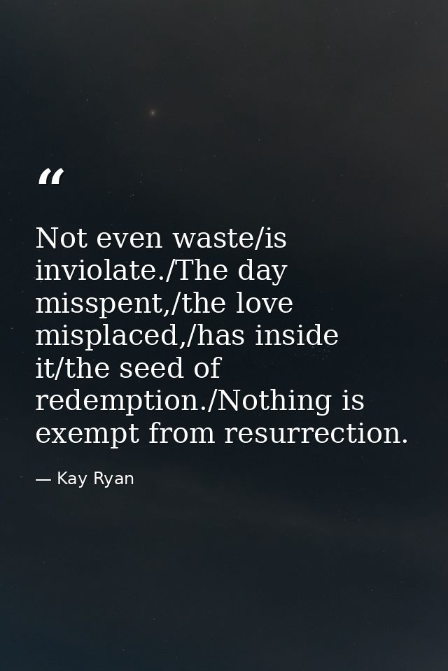 Not even waste/is inviolate./The day misspent,/the love misplaced,/has inside it/the seed of redemption./Nothing is exem — Kay Ryan