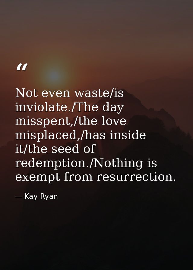 Not even waste/is inviolate./The day misspent,/the love misplaced,/has inside it/the seed of redemption./Nothing is exem — Kay Ryan