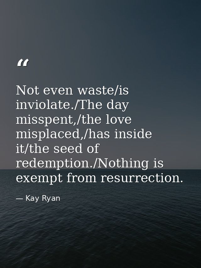 Not even waste/is inviolate./The day misspent,/the love misplaced,/has inside it/the seed of redemption./Nothing is exem — Kay Ryan