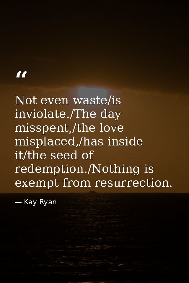 Not even waste/is inviolate./The day misspent,/the love misplaced,/has inside it/the seed of redemption./Nothing is exem — Kay Ryan