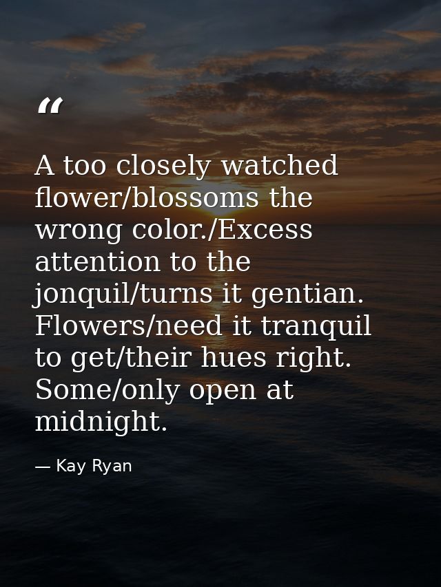 A too closely watched flower/blossoms the wrong color./Excess attention to the jonquil/turns it gentian. Flowers/need it — Kay Ryan