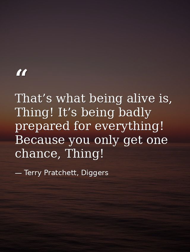 That’s what being alive is, Thing! It’s being badly prepared for everything! Because you only get one chance, Thing! — Terry Pratchett, Diggers