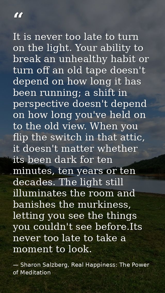 It is never too late to turn on the light. Your ability to break an unhealthy habit or turn off an old tape doesn't depe — Sharon Salzberg, Real Happiness: The Power of Meditation