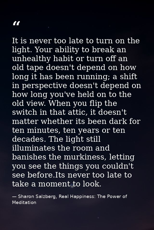 It is never too late to turn on the light. Your ability to break an unhealthy habit or turn off an old tape doesn't depe — Sharon Salzberg, Real Happiness: The Power of Meditation