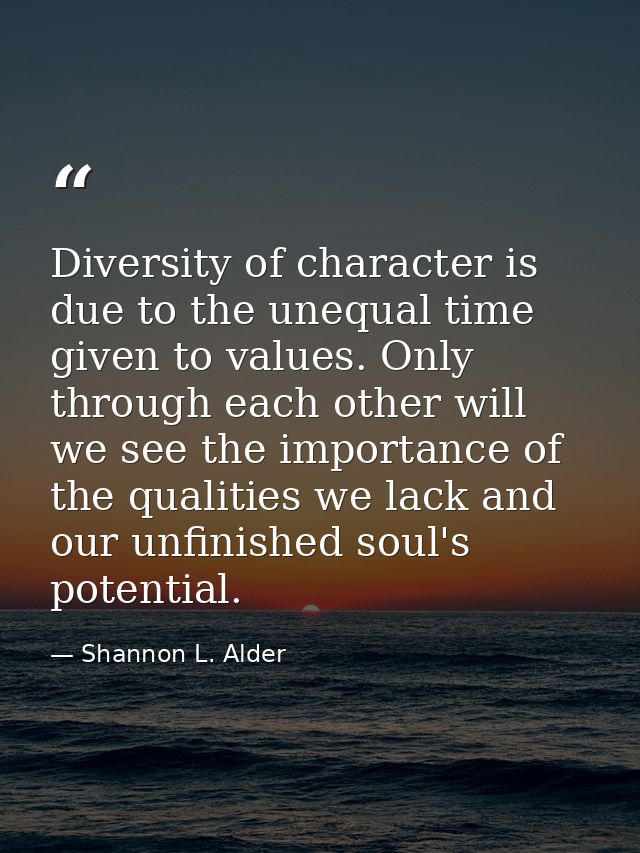 Diversity of character is due to the unequal time given to values. Only through each other will we see the importance of — Shannon L. Alder