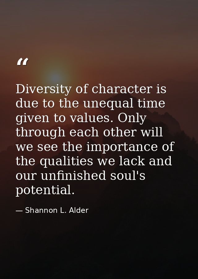 Diversity of character is due to the unequal time given to values. Only through each other will we see the importance of — Shannon L. Alder