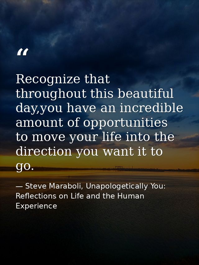 Recognize that throughout this beautiful day,you have an incredible amount of opportunities to move your life into the d — Steve Maraboli, Unapologetically You: Reflections on Life and the Human Experience