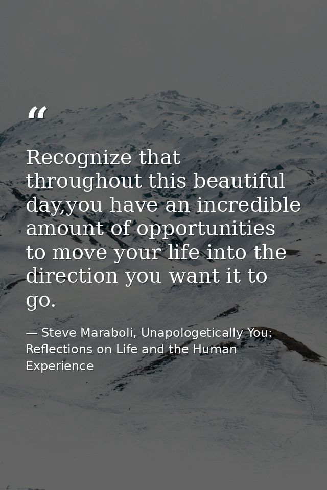 Recognize that throughout this beautiful day,you have an incredible amount of opportunities to move your life into the d — Steve Maraboli, Unapologetically You: Reflections on Life and the Human Experience
