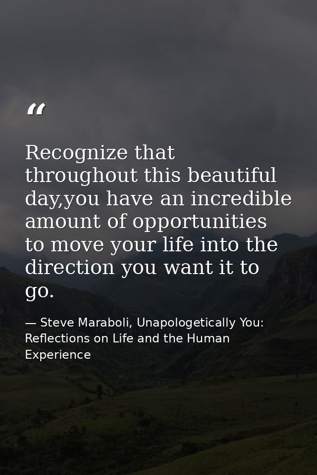 Recognize that throughout this beautiful day,you have an incredible amount of opportunities to move your life into the d — Steve Maraboli, Unapologetically You: Reflections on Life and the Human Experience