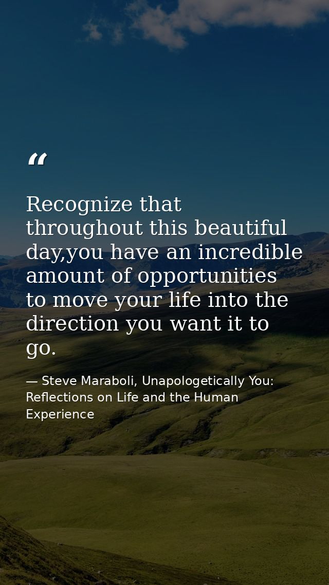 Recognize that throughout this beautiful day,you have an incredible amount of opportunities to move your life into the d — Steve Maraboli, Unapologetically You: Reflections on Life and the Human Experience