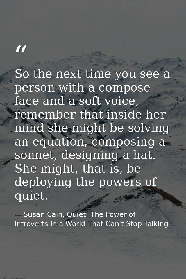 So the next time you see a person with a compose face and a soft voice, remember that inside her mind she might be solvi — Susan Cain, Quiet: The Power of Introverts in a World That Can't Stop Talking