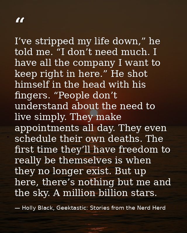 I’ve stripped my life down,” he told me. “I don’t need much. I have all the company I want to keep right in here.” He sh — Holly Black, Geektastic: Stories from the Nerd Herd