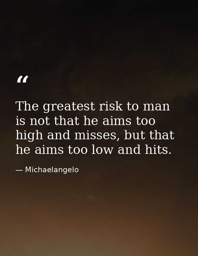 The greatest risk to man is not that he aims too high and misses, but that he aims too low and hits. — Michaelangelo