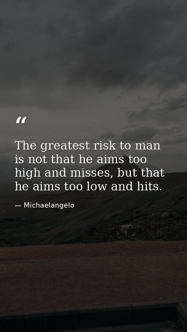 The greatest risk to man is not that he aims too high and misses, but that he aims too low and hits. — Michaelangelo