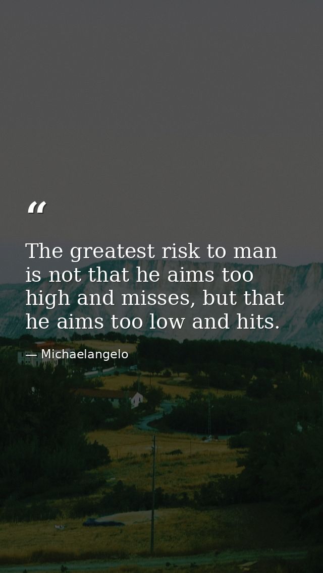 The greatest risk to man is not that he aims too high and misses, but that he aims too low and hits. — Michaelangelo