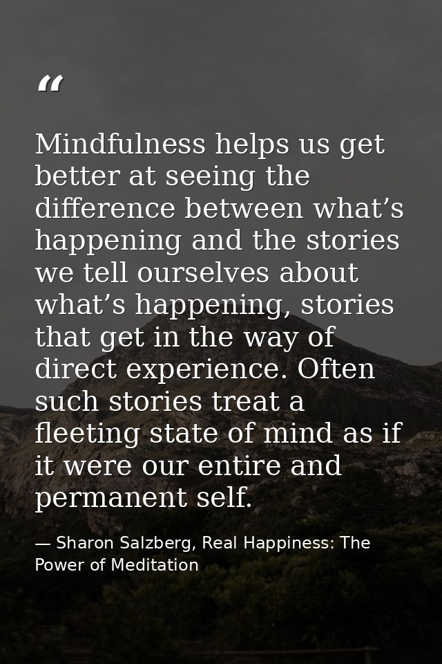 Mindfulness helps us get better at seeing the difference between what’s happening and the stories we tell ourselves abou — Sharon Salzberg, Real Happiness: The Power of Meditation