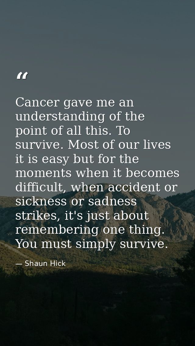Cancer gave me an understanding of the point of all this. To survive. Most of our lives it is easy but for the moments w — Shaun Hick