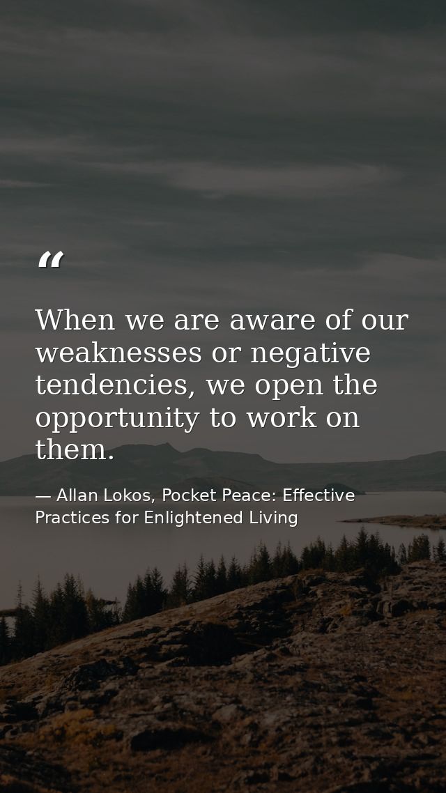 When we are aware of our weaknesses or negative tendencies, we open the opportunity to work on them. — Allan Lokos, Pocket Peace: Effective Practices for Enlightened Living