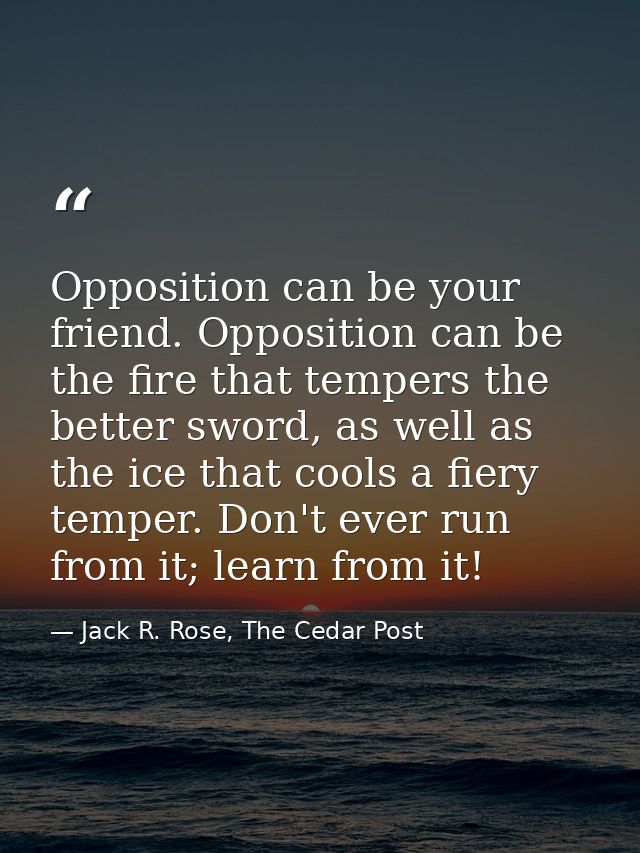 Opposition can be your friend. Opposition can be the fire that tempers the better sword, as well as the ice that cools a — Jack R. Rose, The Cedar Post