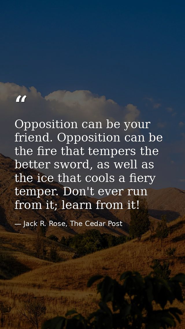 Opposition can be your friend. Opposition can be the fire that tempers the better sword, as well as the ice that cools a — Jack R. Rose, The Cedar Post