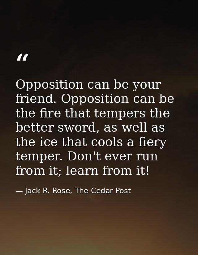 Opposition can be your friend. Opposition can be the fire that tempers the better sword, as well as the ice that cools a — Jack R. Rose, The Cedar Post