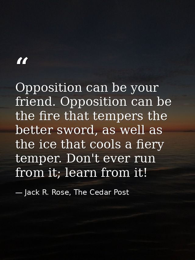 Opposition can be your friend. Opposition can be the fire that tempers the better sword, as well as the ice that cools a — Jack R. Rose, The Cedar Post