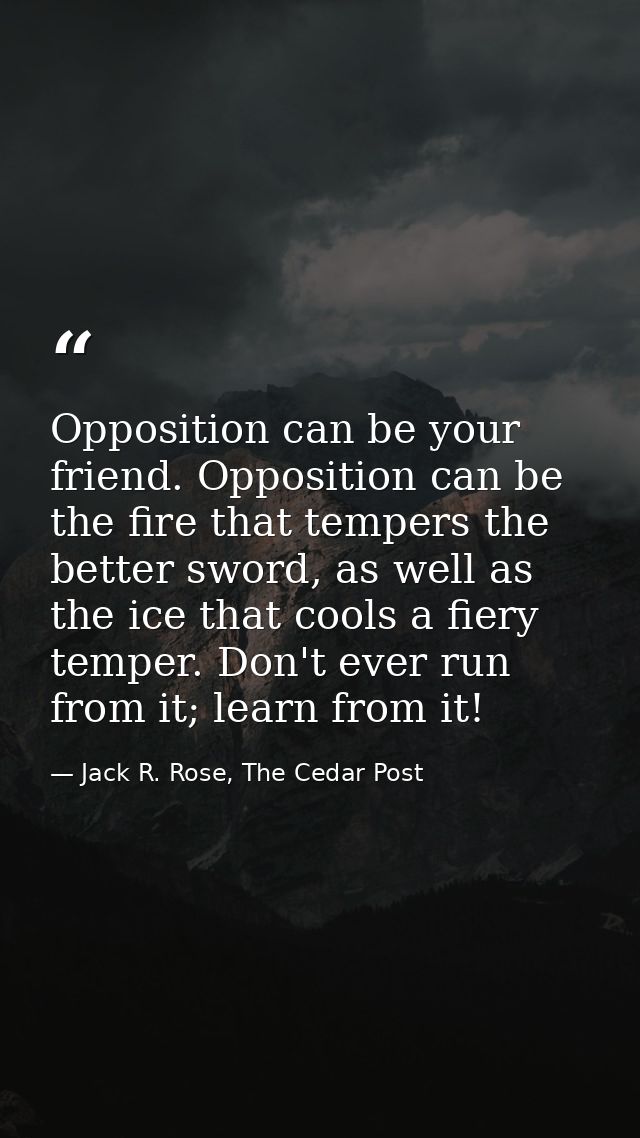 Opposition can be your friend. Opposition can be the fire that tempers the better sword, as well as the ice that cools a — Jack R. Rose, The Cedar Post