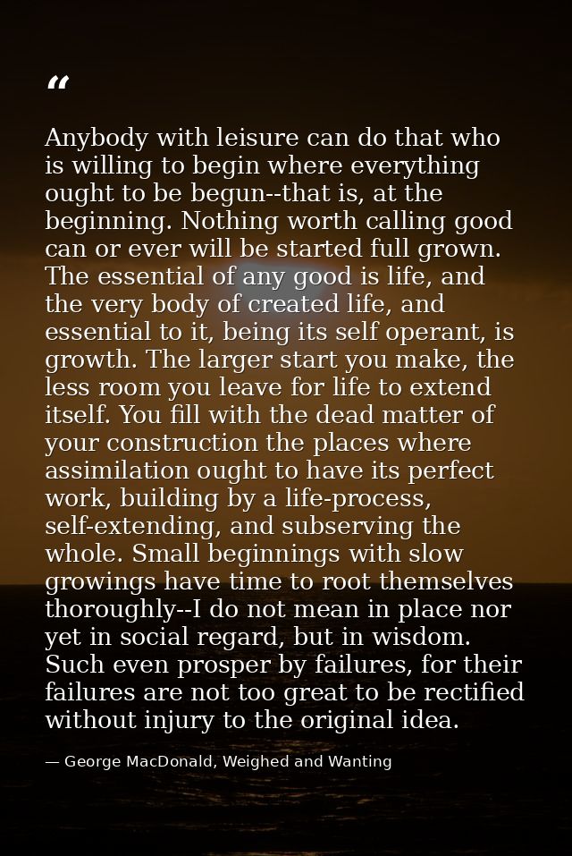 Anybody with leisure can do that who is willing to begin where everything ought to be begun--that is, at the beginning.  — George MacDonald, Weighed and Wanting