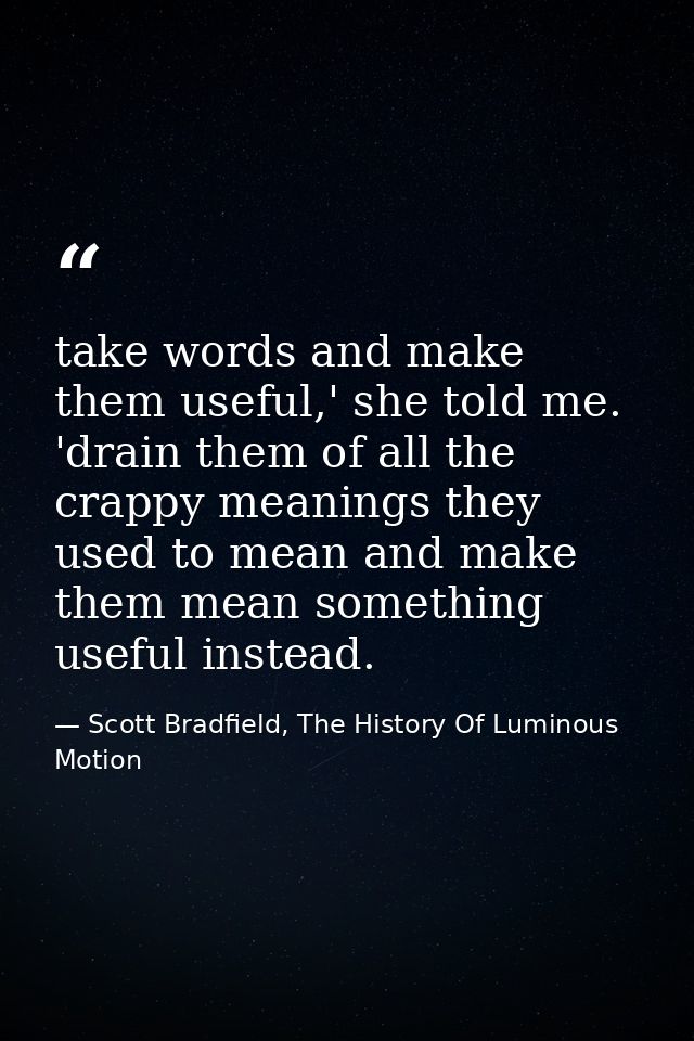 take words and make them useful,' she told me. 'drain them of all the crappy meanings they used to mean and make them me — Scott Bradfield, The History Of Luminous Motion